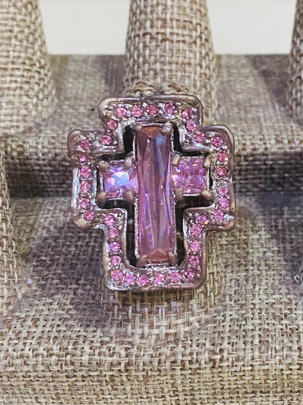 Pink Rhinestone Cross Statement Ring – Size 7